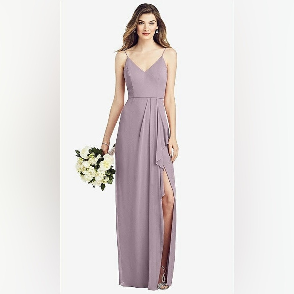 AFTER SIX Strappy Layered  HIGH SLIT GOWN IN Lilac Dusk Draped Skirt NWT  SZ 12